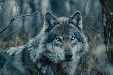 A wolf is standing in the woods with its head held high