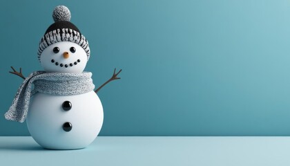 Frosty snowman with a scarf and hat, snowy background, 3D illustration illustration 3D background, no blur, photo not dark, everything is clear, copy space