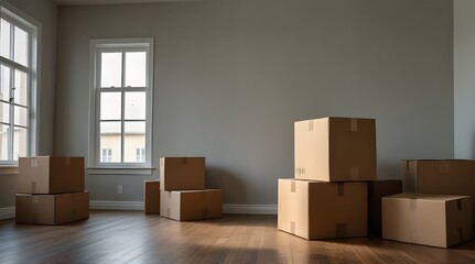 cardboard boxes stacked in empty room ready for moving into new home symbolizing life transitions concept photo. generative.ai