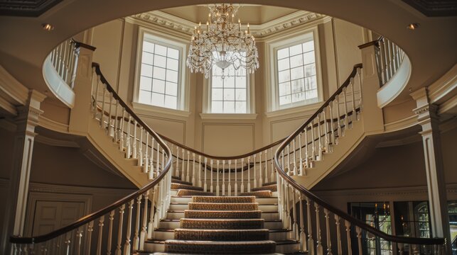 Elegant double staircase leading upwards in mansion