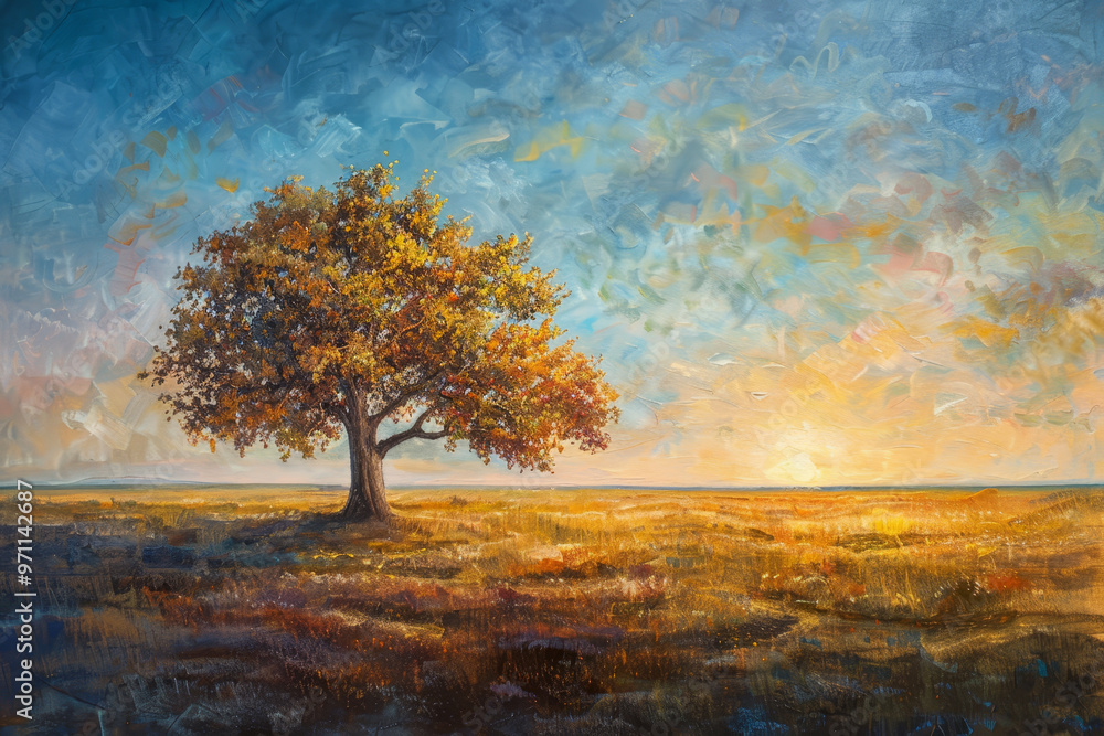 Canvas Prints A painting of a tree in a field with a sunset in the background