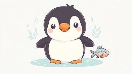 Obraz premium A cute cartoon penguin with a fish.