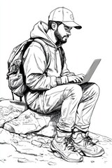 Outdoor Sketch of a Man Working on Laptop