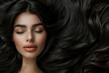 Fototapeta premium A woman with long black hair and a light makeup look