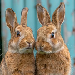 Fototapeta premium Two adorable rabbits posing for the camera in front of a beautiful pastel colored wall backdrop.