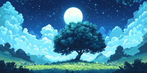 Fototapeta premium Night Sky with Full Moon and Lush Tree Landscape