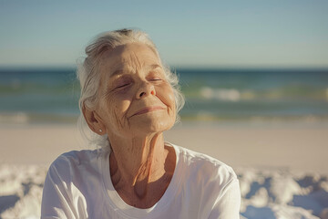 A woman is sitting on the beach, smiling and looking out at the ocean