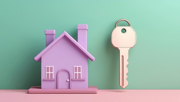 A charming purple house model and a key symbolize home ownership and new beginnings in real estate.
