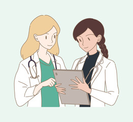 Doctors discussing, diagnosing patient's medical history, studying medical record via computer tablet. Hand drawn flat cartoon character vector illustration.