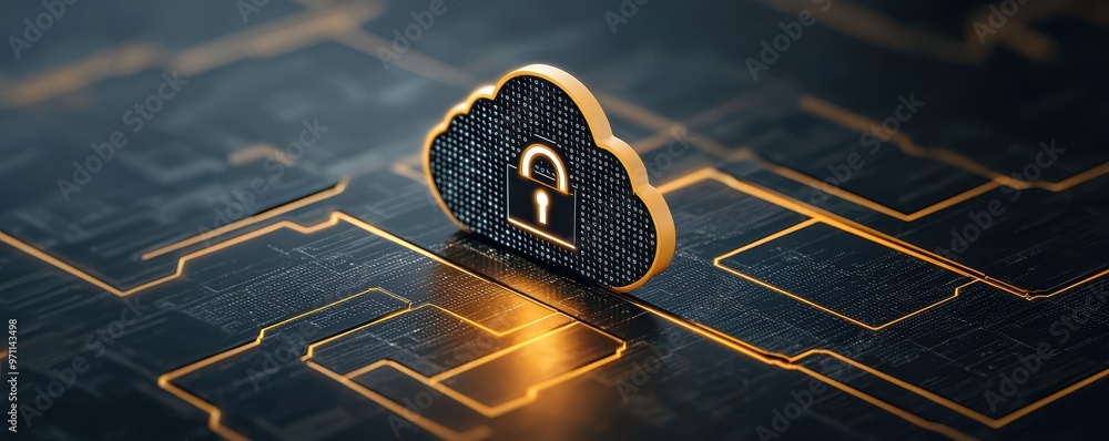 Poster a symbolic cloud with a lock, representing digital security and data protection in the modern techno