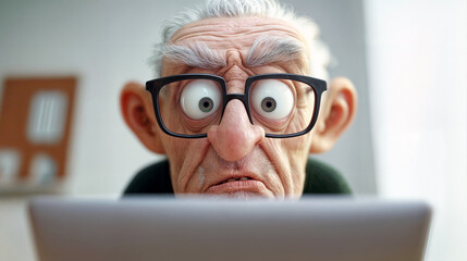 elderly man confused and dumbfounded looking at computer screen