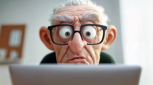 elderly man confused and dumbfounded looking at computer screen