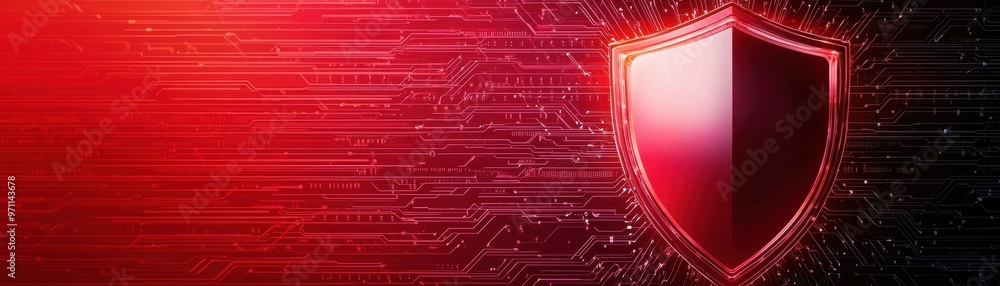 Poster a vibrant digital shield symbolizing cybersecurity on a high-tech background, representing protectio