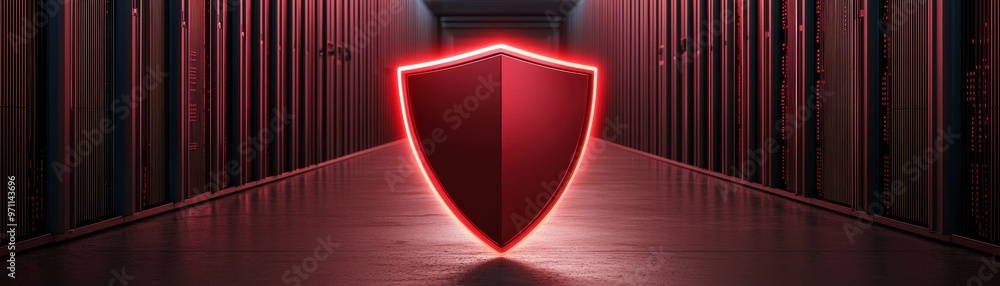 Poster a vibrant digital shield symbolizing security and protection in a modern data center environment.