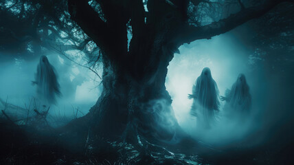 Mysterious ghosts gathering around an ancient tree in a foggy forest