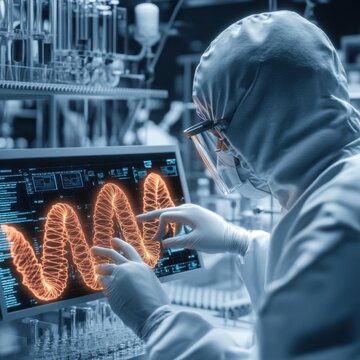 Scientist reviewing biodata on digital interface, modern biotech lab, 3D illustration illustration 3D background, no blur, photo not dark, everything is clear, copy space