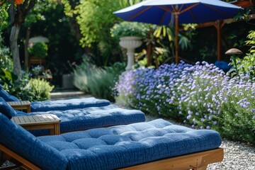 Luxurious Summer Garden Scene with Blue Sunbeds and Wooden Frames at a High-End Hotel