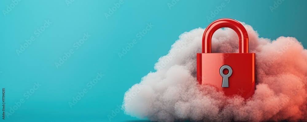 Poster a vivid image of a red padlock on a cloud background, symbolizing data security and online protectio