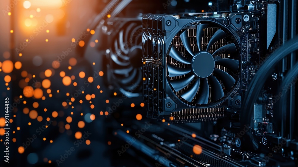 Poster close-up of a computer cooling system featuring powerful fans and intricate components, showcasing m