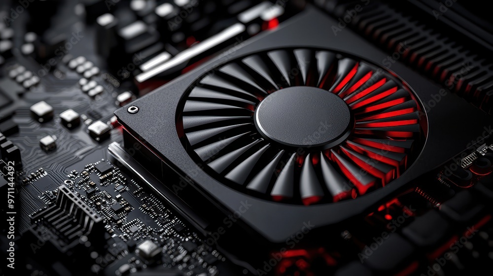 Poster close-up of a computer graphics card with an intricate cooling fan and circuitry, showcasing modern 