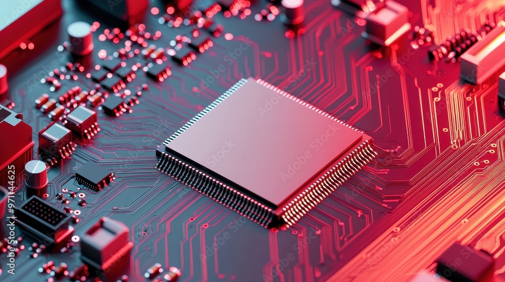 Poster close-up of a modern microchip on a circuit board, showcasing intricate details and vibrant colors. 