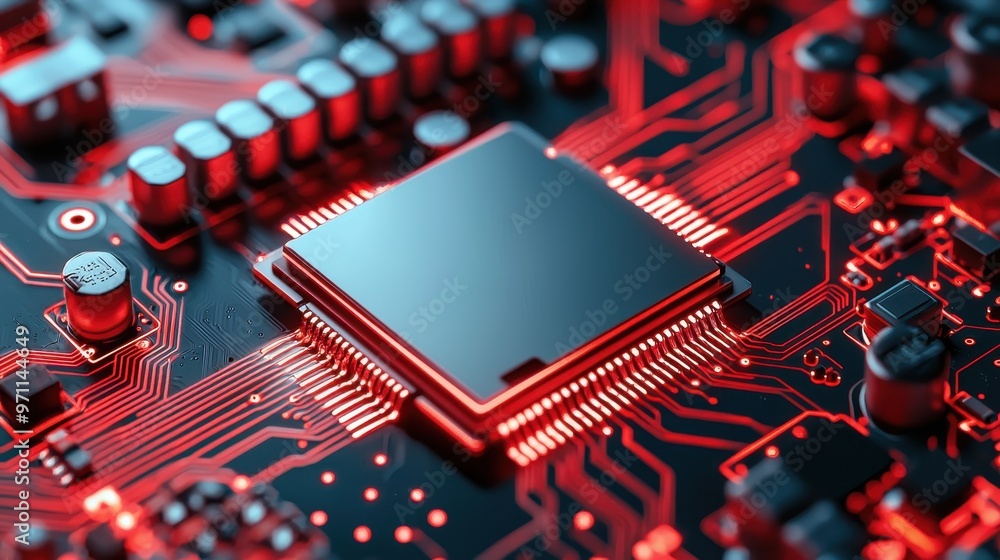 Poster close-up of a modern microchip on a glowing red circuit board, showcasing intricate details and adva