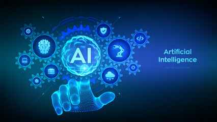 AI. Artificial Intelligence. Machine Learning Concept. Big data. Neural networks. Sphere grid wave. Wireframe hand touching digital interface with connected gears cogs and icons. Vector illustration.