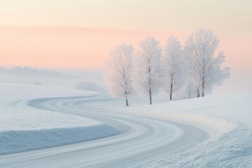 Obraz premium Snowy Road Winding Through a Frosty Winter Landscape at Dawn