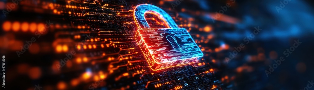 Poster digital padlock symbolizing cybersecurity and data protection in a vibrant technological background.