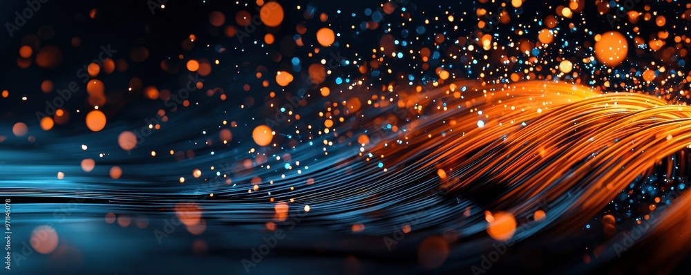 Poster dynamic abstract background featuring vibrant orange and blue waves with glowing particles. perfect 