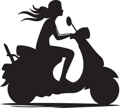 Young lady driving scooty silhouette vector art on a road, ellectric modern scooter icon.