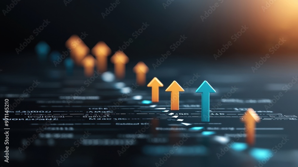 Poster dynamic graphic showcasing growth with upward arrows, reflecting business success and data analysis 
