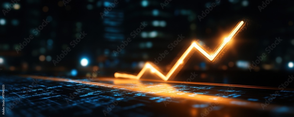 Poster dynamic graph line showcasing growth against a modern urban backdrop, representing finance and data 
