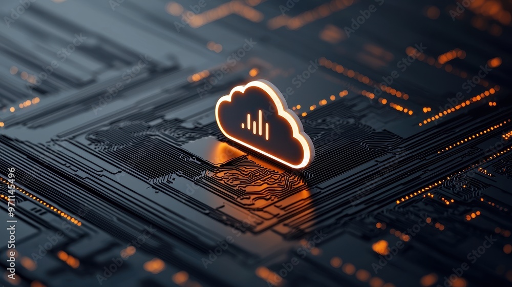 Poster futuristic cloud symbol illuminated on a high-tech circuit board, representing digital storage and d