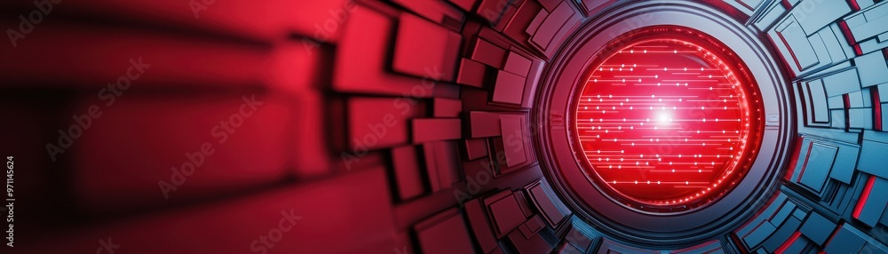 Poster futuristic tunnel with red light, digital patterns, evoking a sense of technology and abstract desig