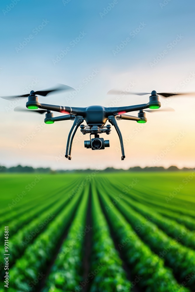 Poster a drone capturing real-time images of a farm with weather forecast overlays