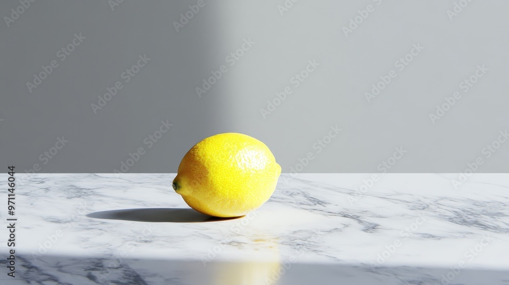 Poster a single lemon resting on a marble surface with soft lighting.