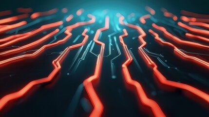 Fototapeta premium Vibrant digital background with glowing red and blue circuits, representing technology, innovation, and futuristic designs.