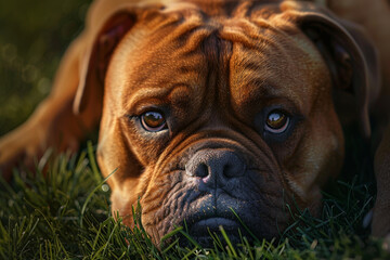 A brown dog is laying on the grass with its eyes closed