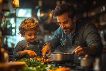 A father and son duo making dinner together in a warm, cozy kitchen. Generative AI