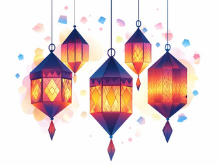 Flat Abstract Digital Art of Diwali Lanterns: Glowing Patterns & Cultural Gathering in Modern-Classic Blend - Vector Illustration for Business and Festive Themes