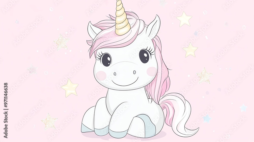 Sticker A cute cartoon unicorn sitting on a pink background with stars.