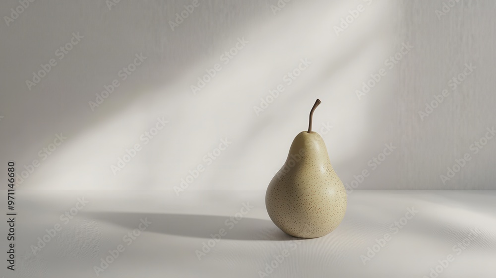Poster a single pear placed on a minimalistic surface, illuminated by soft natural light.