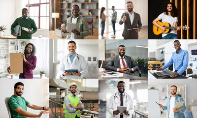 This image showcases a diverse group of professionals in various work settings. Each individual is shown in a different profession, including a doctor, musician, engineer, businessman, and teacher