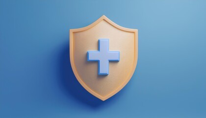 Fototapeta premium A 3D rendered shield with a blue cross, symbolizing health protection and medical safety on a soft blue background.