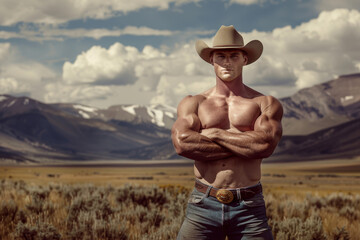 A man in a cowboy hat stands in a field with his arms crossed