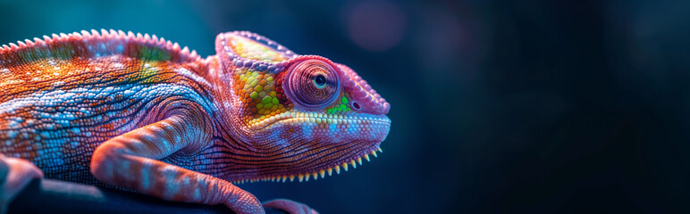 Banner with vibrant rainbow chameleon resting on a branch with dark blue background