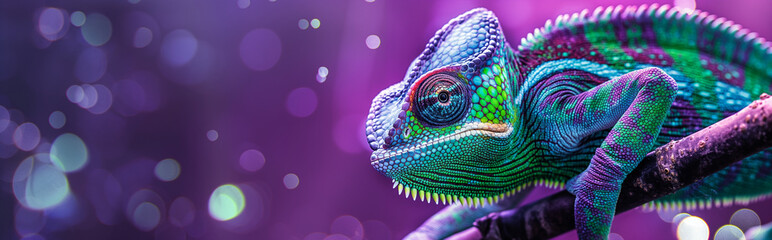 Fototapeta premium Banner with vibrant colorful chameleon resting on a branch with glowing purple bokeh in the background