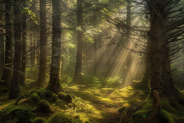 Obraz premium A forest with sunlight shining through the trees
