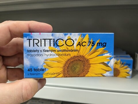 Prague, Czech Republic - SEPTEMBER 13 2024: TRITTICO box of medication with TRAZODONE active substance by ANGELINI, used for treatment of depression and anxiety.

